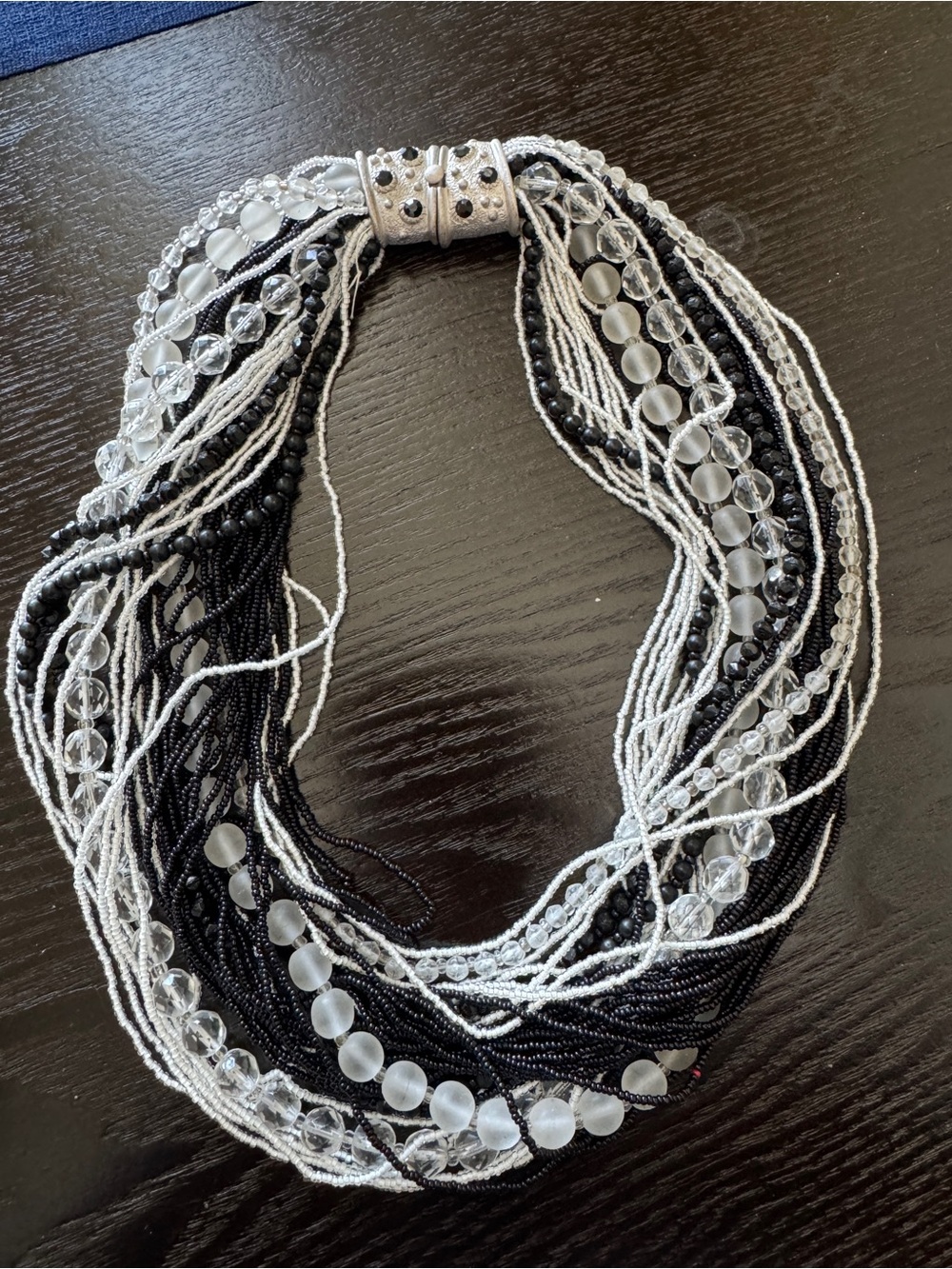 Multi-Strand Black and White Beaded Statement Necklace